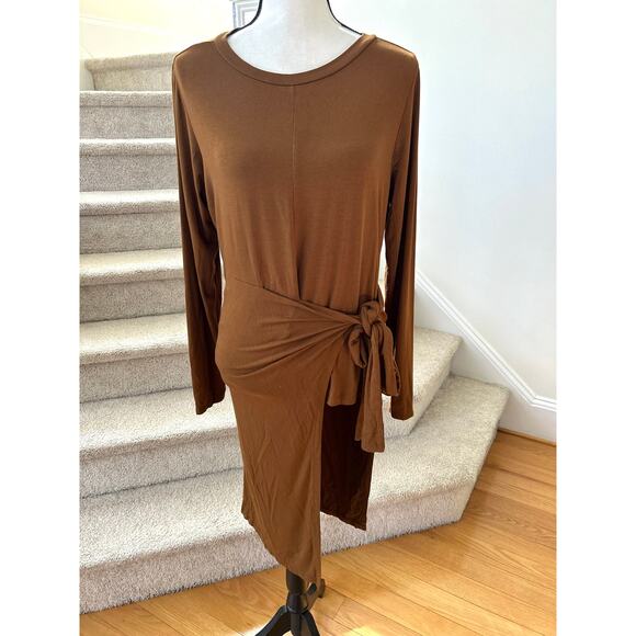 Eloquii Brown Long Sleeve Draped Tie Asymmetric Hem Blouse - Picture 1 of 7